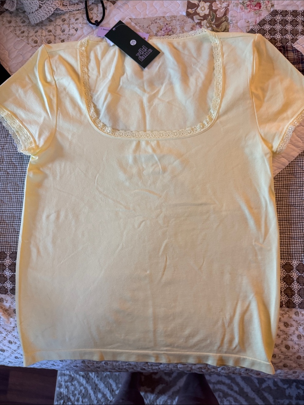 wild fable Lemon Yellow Lace-Trim Square Neck Short Sleeve Top